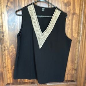 Elegant Black Sleeveless Top with cream lace Trim